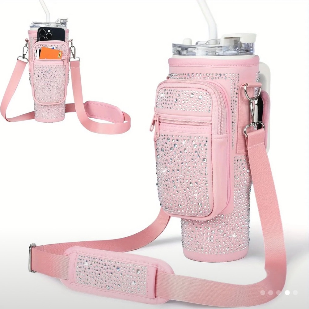 Pink Rhinestone Water Bottle /TraveTumbler Travel Holder for 30/40 oz with Strap - Picture 1 of 2
